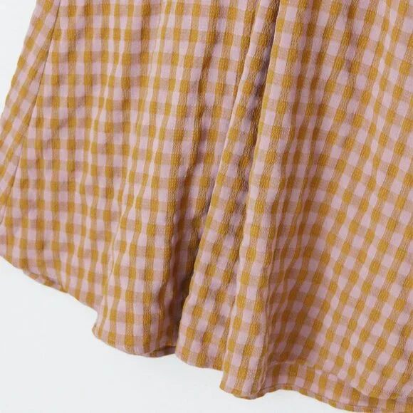 Reminiscence Gingham Plaid Seersucker Puff Short Sleeves Flared Dress Mini Tan - Picture 11 of 13